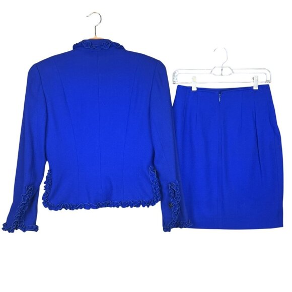 VTG Women 6 Wool Skirt Set Blue Ruffle Retro Business Church USA Noviello Bloom - Picture 13 of 14